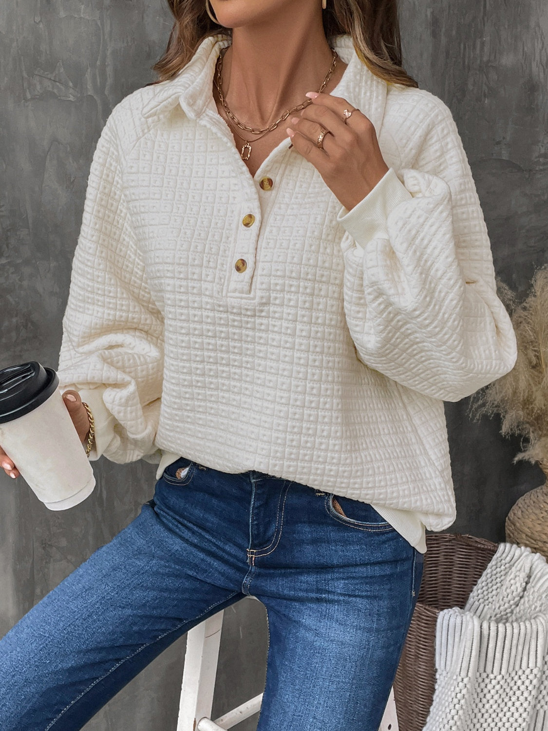 Half Button Long Sleeve Sweatshirt - Charming Charlie
