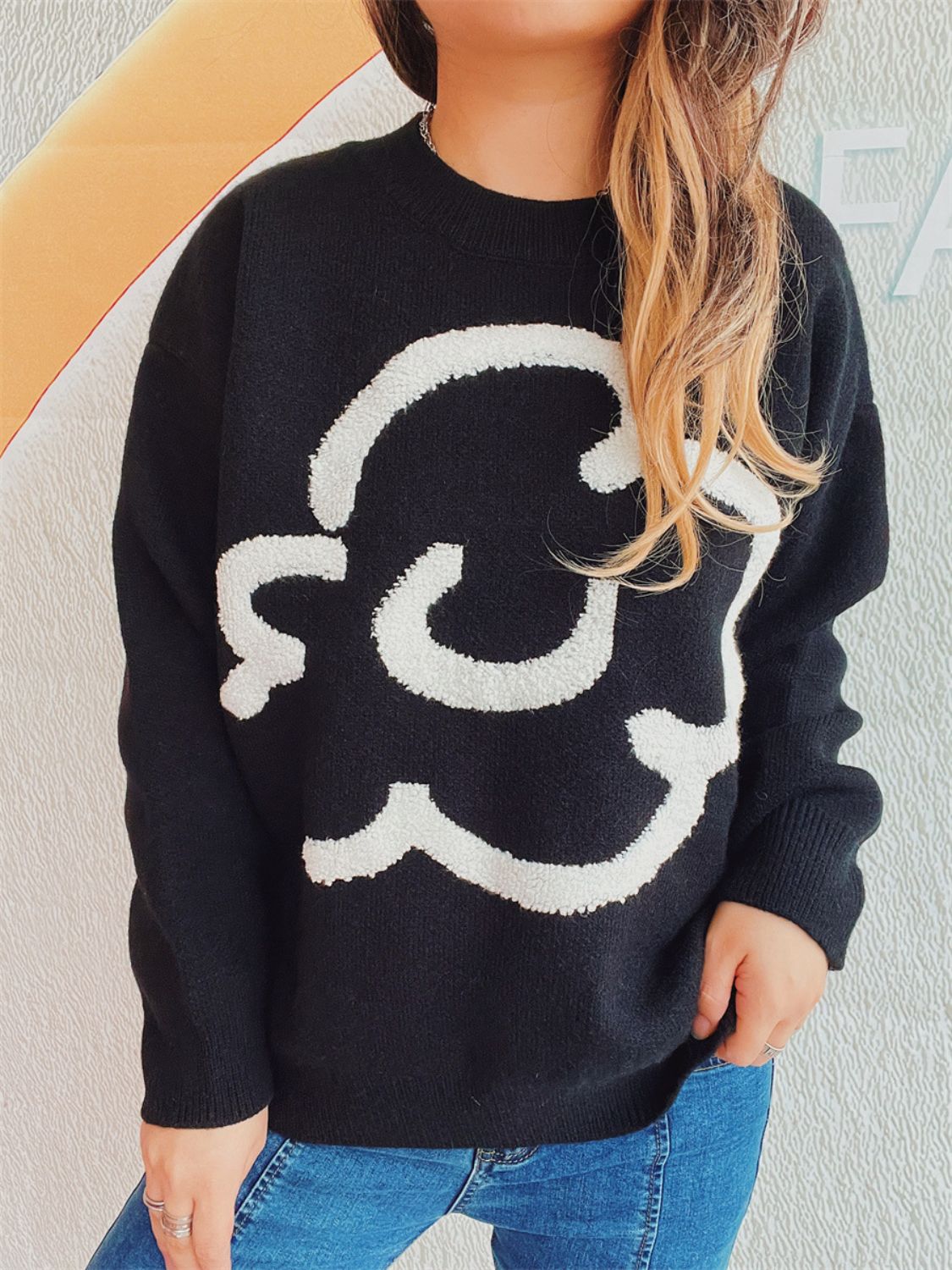 Contrast Round Neck Long Sleeve Sweater - Charming Charlie