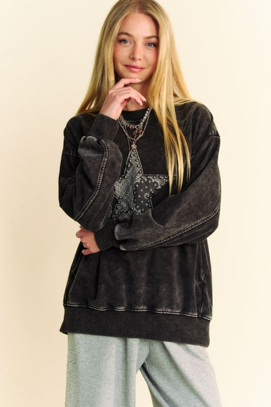 Davi & Dani Stud Star Patch Acid Washed Sweatshirt - Charming Charlie