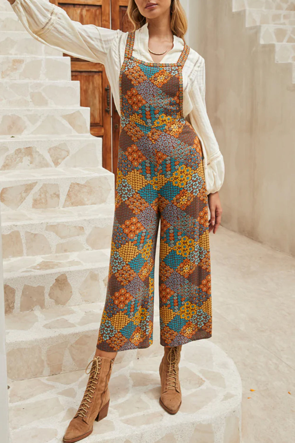 Floral Crisscross Strap Wide Leg Overalls - Charming Charlie