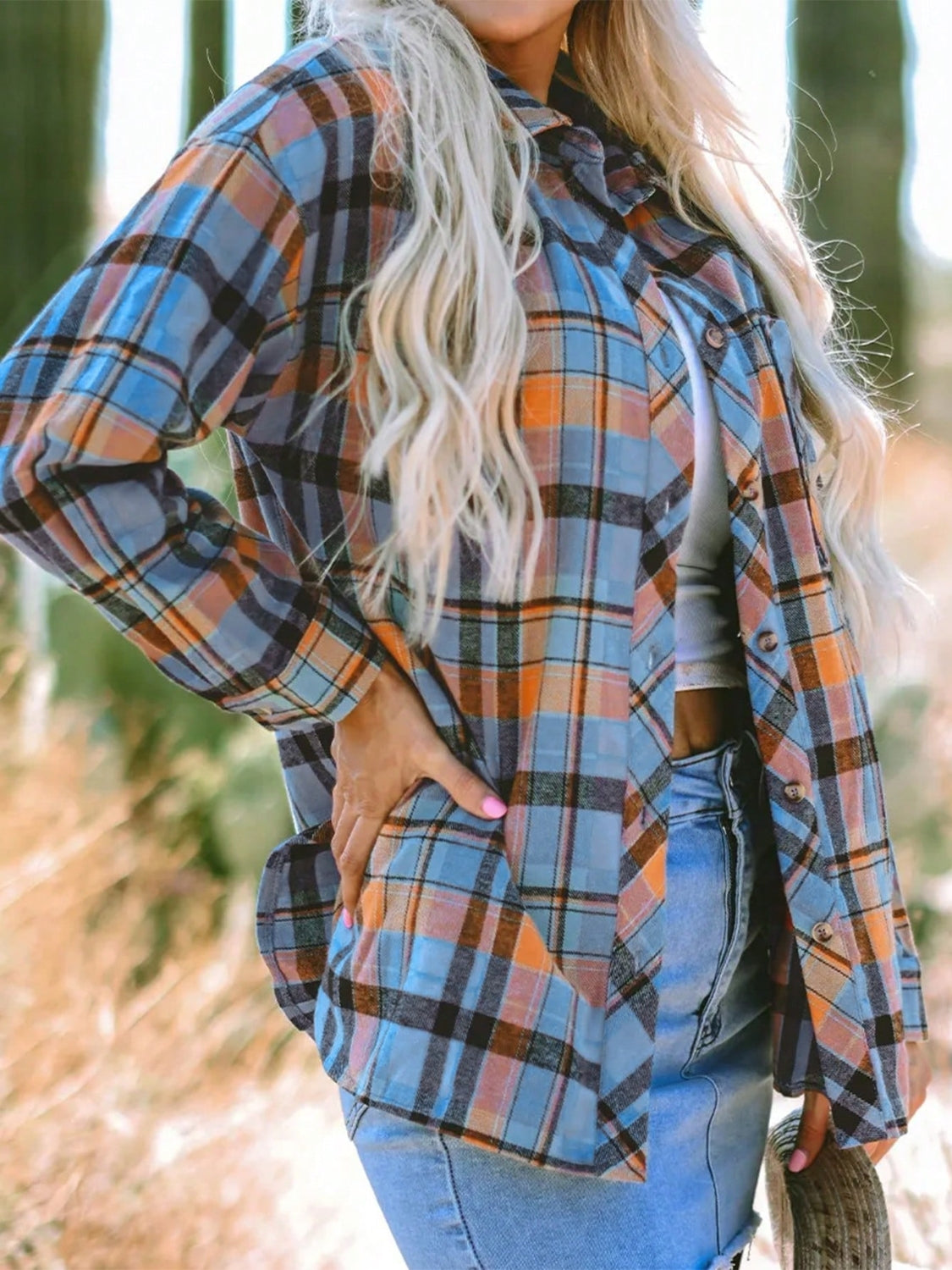 Plaid Collared Neck Long Sleeve Shirt - Charming Charlie