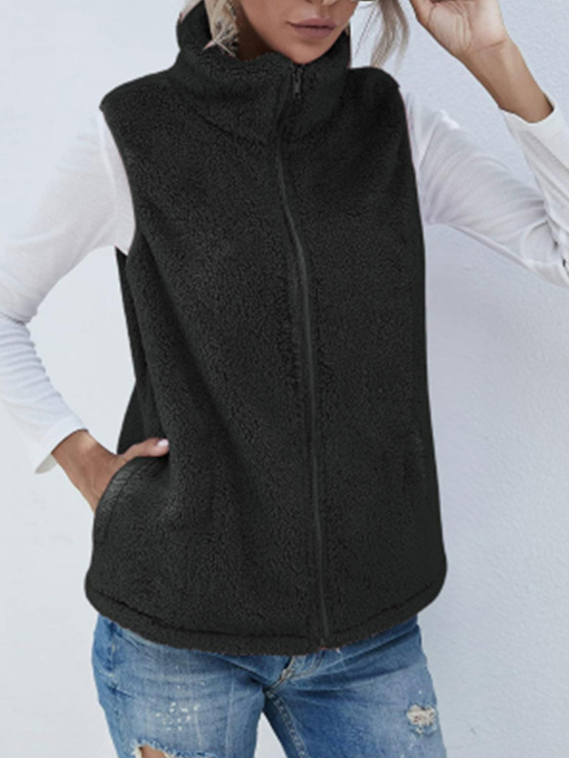 Full Size Fuzzy Zip Up Vest Coat with Pockets - Charming Charlie