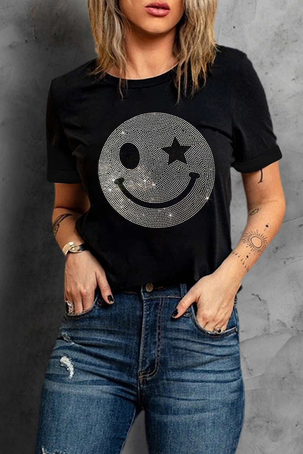 Rhinestone Smiley Round Neck Short Sleeve T-Shirt - Charming Charlie