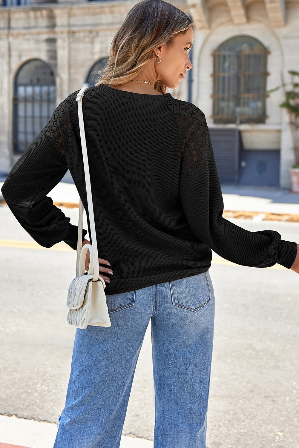 Lace Detail Round Neck Lantern Sleeve Top - Charming Charlie