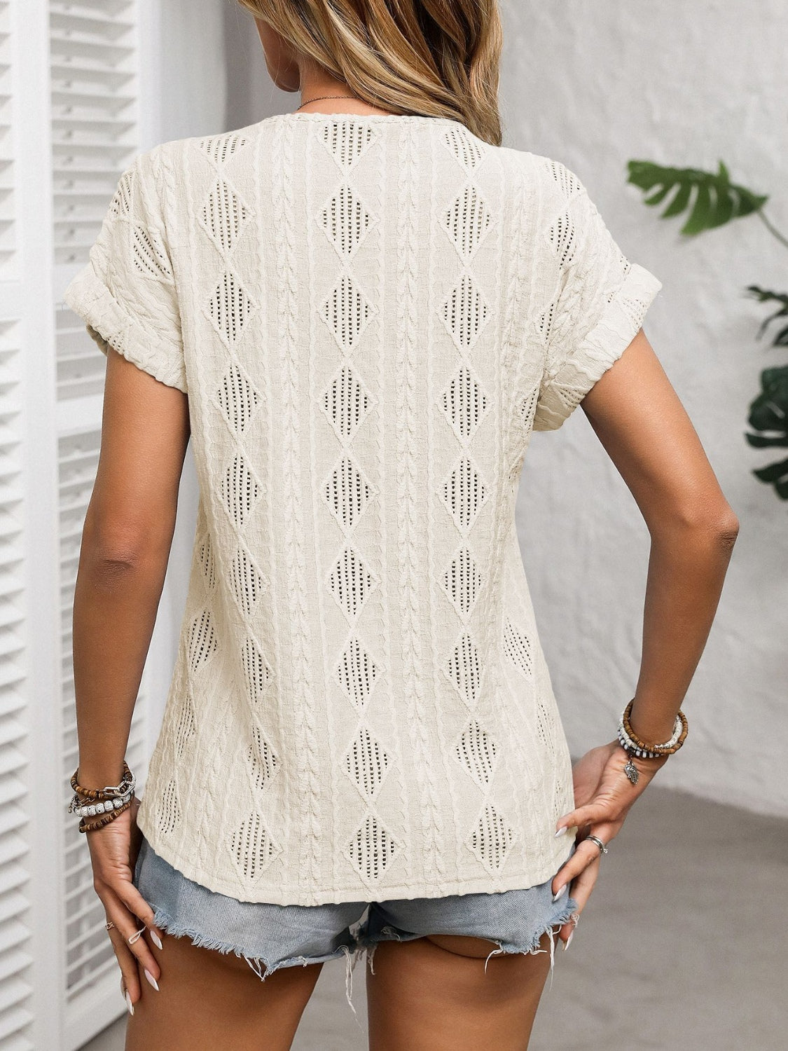 Openwork V-Neck Short Sleeve T-Shirt - Charming Charlie