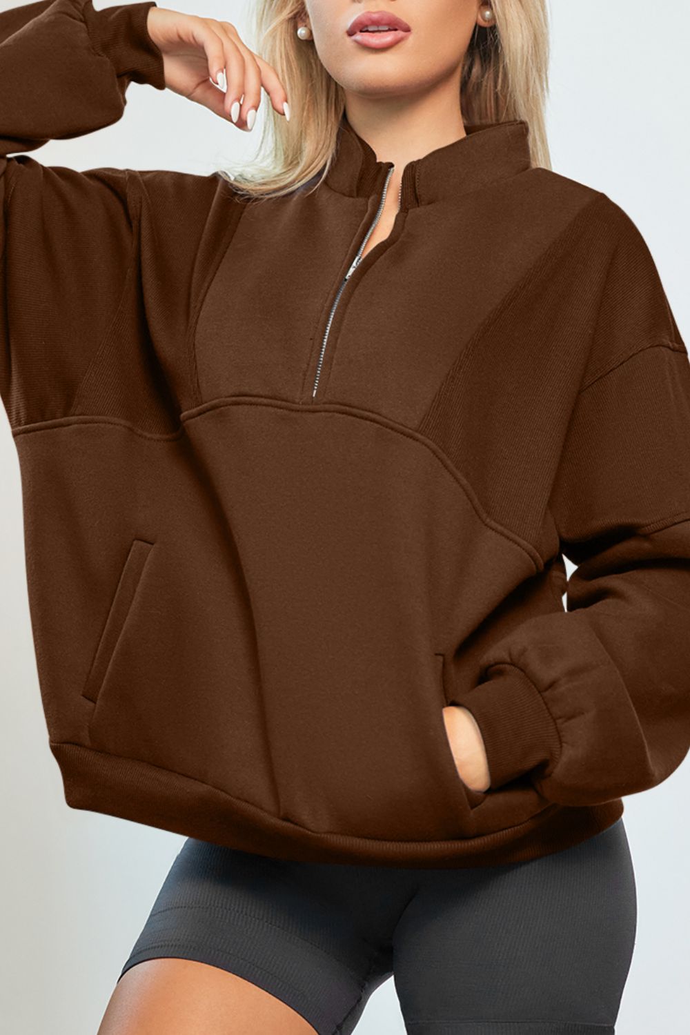 Half Zip Drop Shoulder Long Sleeve Sweatshirt - Charming Charlie