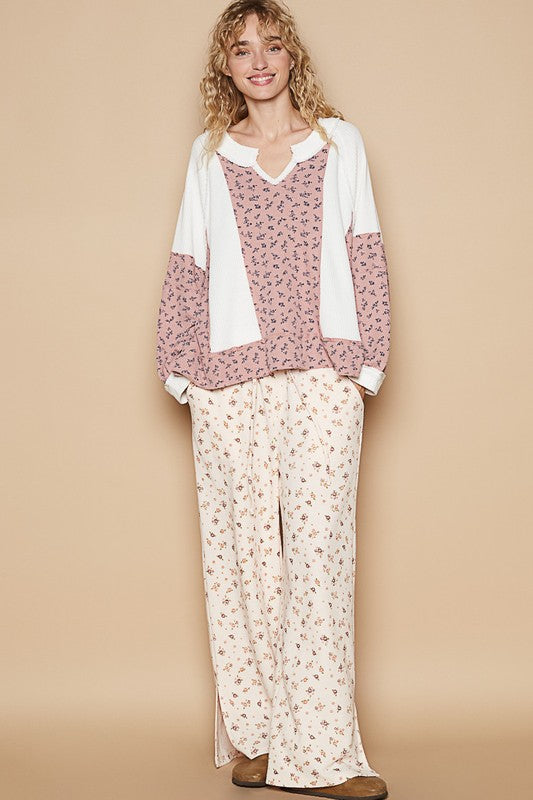 POL Waffle Knit Floral Notched Long Sleeve Top - Charming Charlie