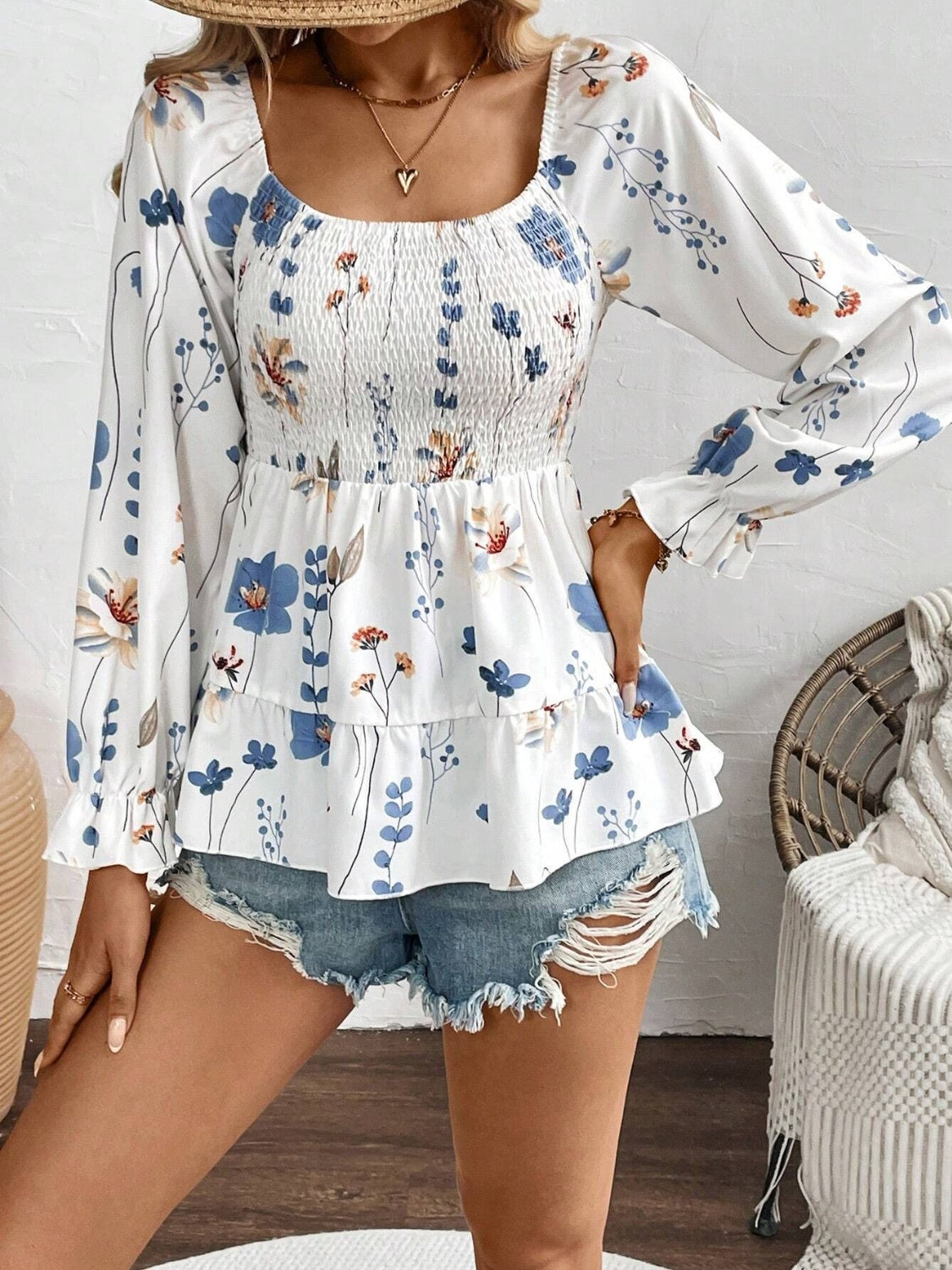 Smocked Floral Scoop Neck Flounce Sleeve Blouse - Charming Charlie