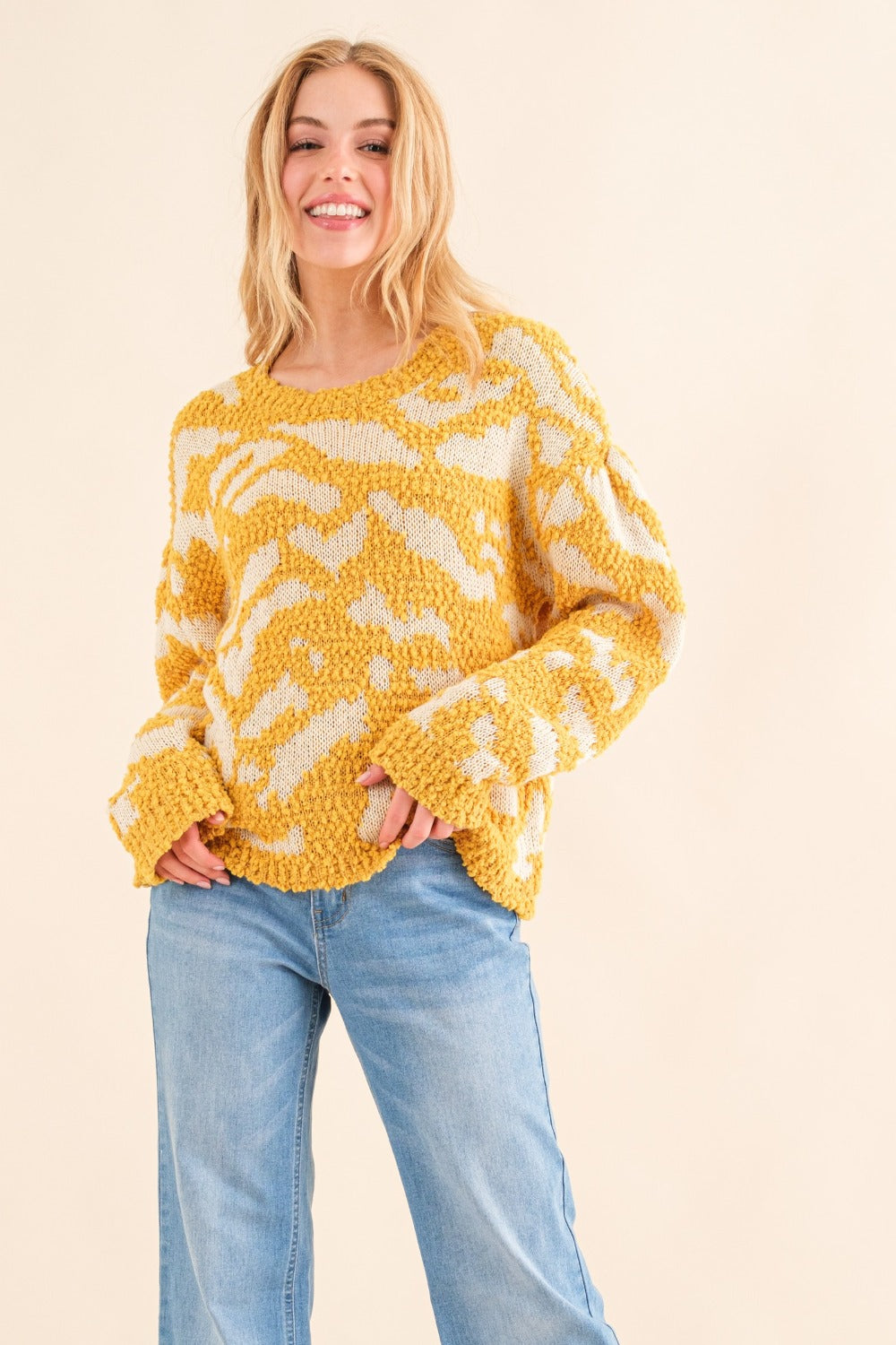 And The Why Full Size Textured Pattern Contrast Sweater - Charming Charlie