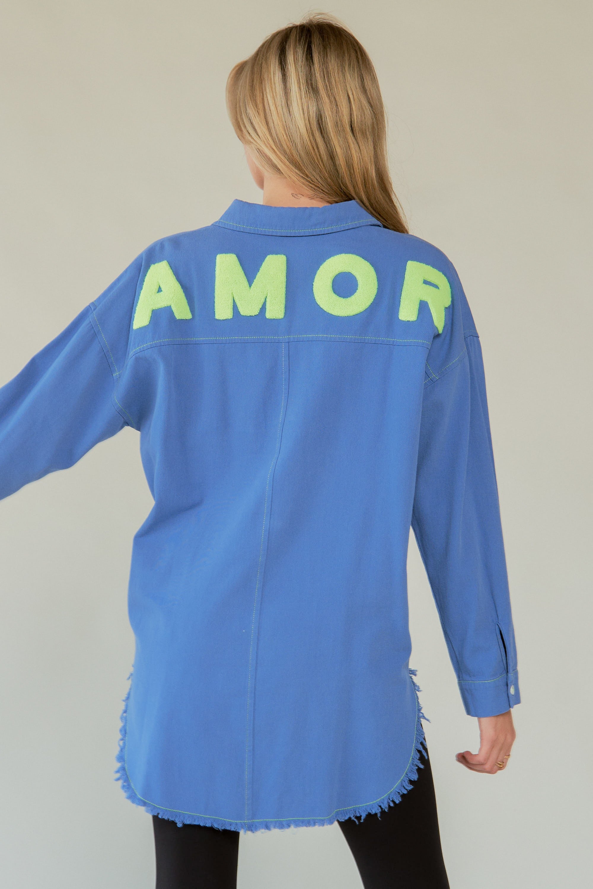 Davi & Dani Letter Back Raw Hem Half Button Shirt - Charming Charlie