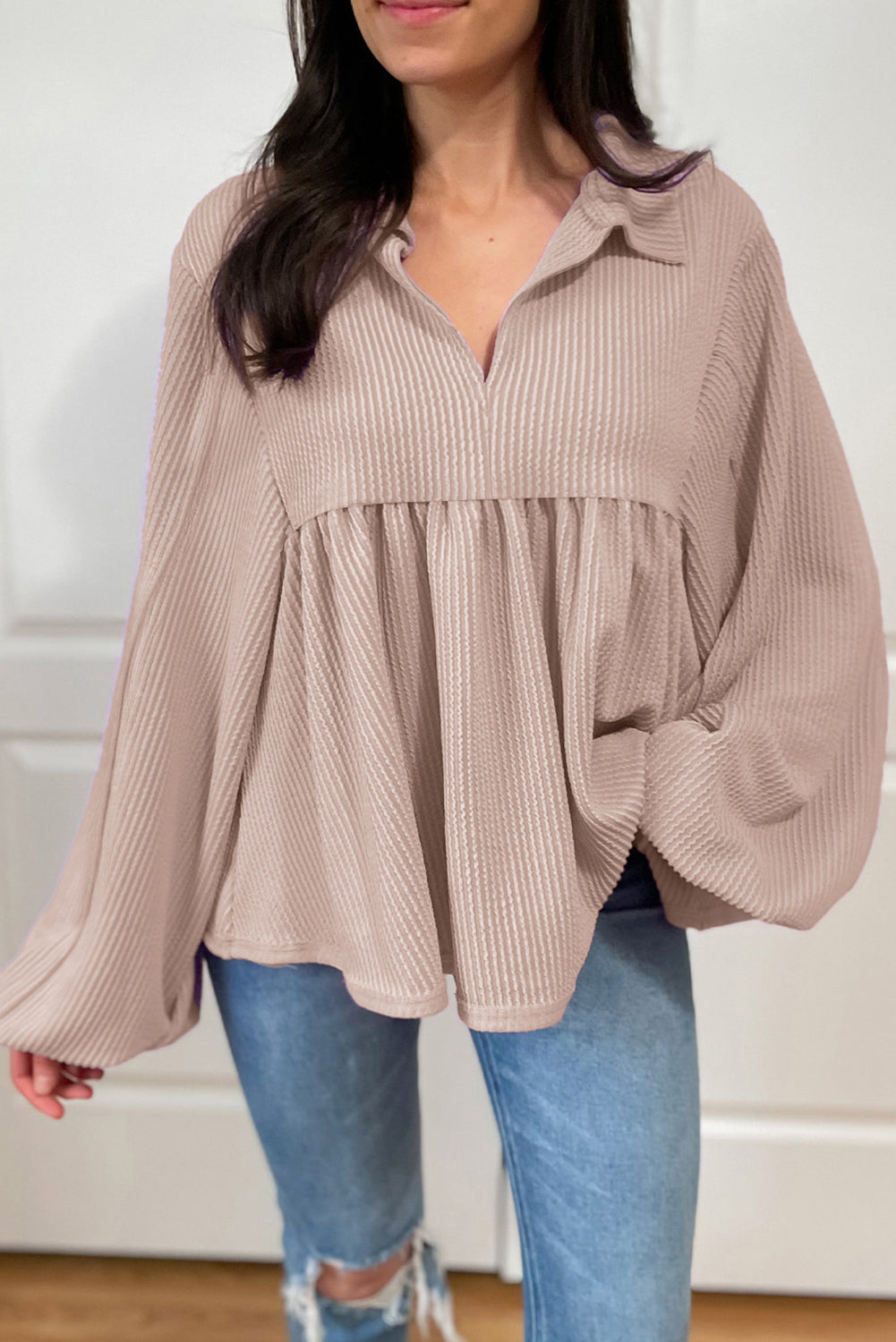 Corded Johnny Collar Long Sleeve Babydoll Blouse - Charming Charlie