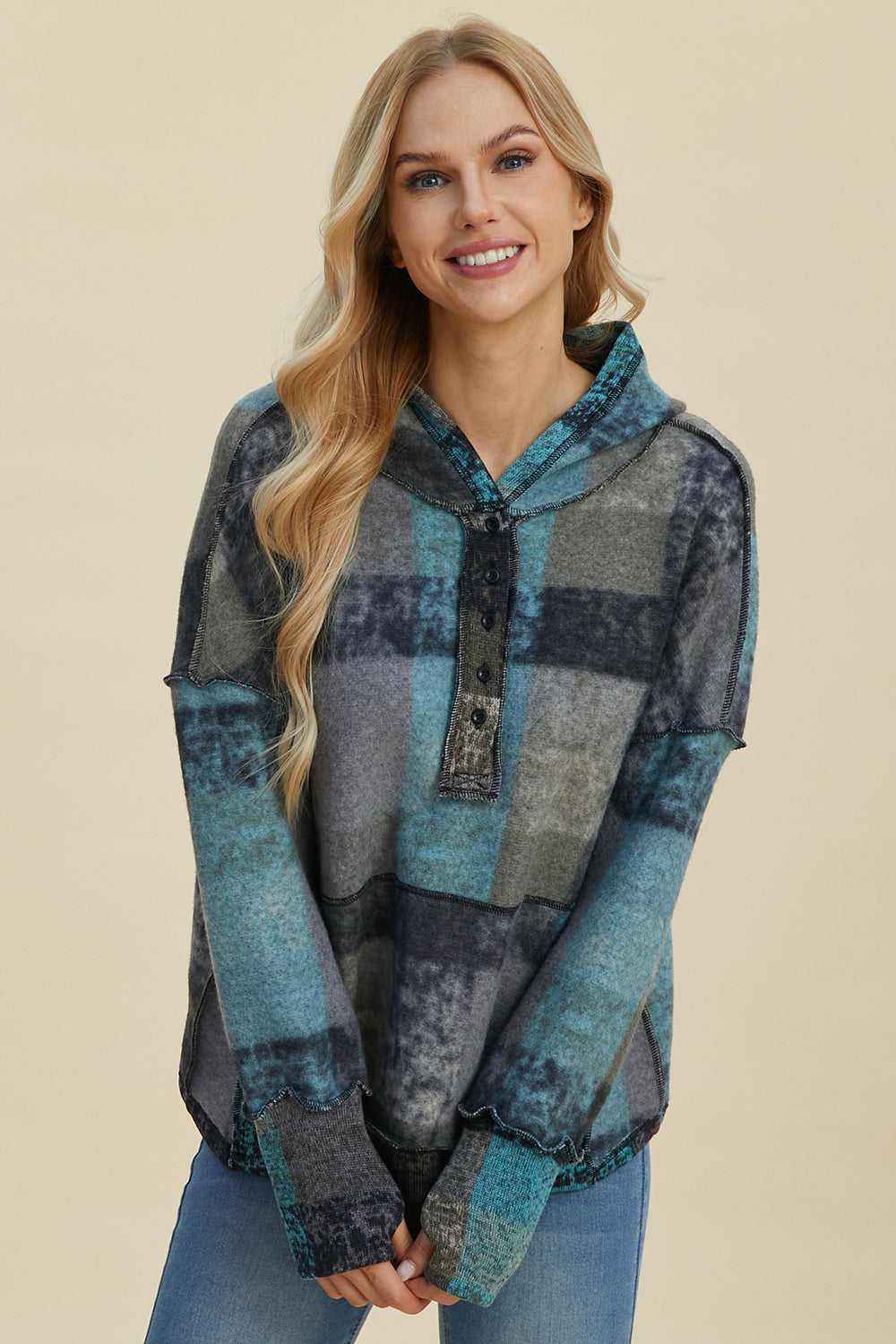 Double Take Full Size Plaid Dropped Shoulder Fleece Hoodie - Charming Charlie