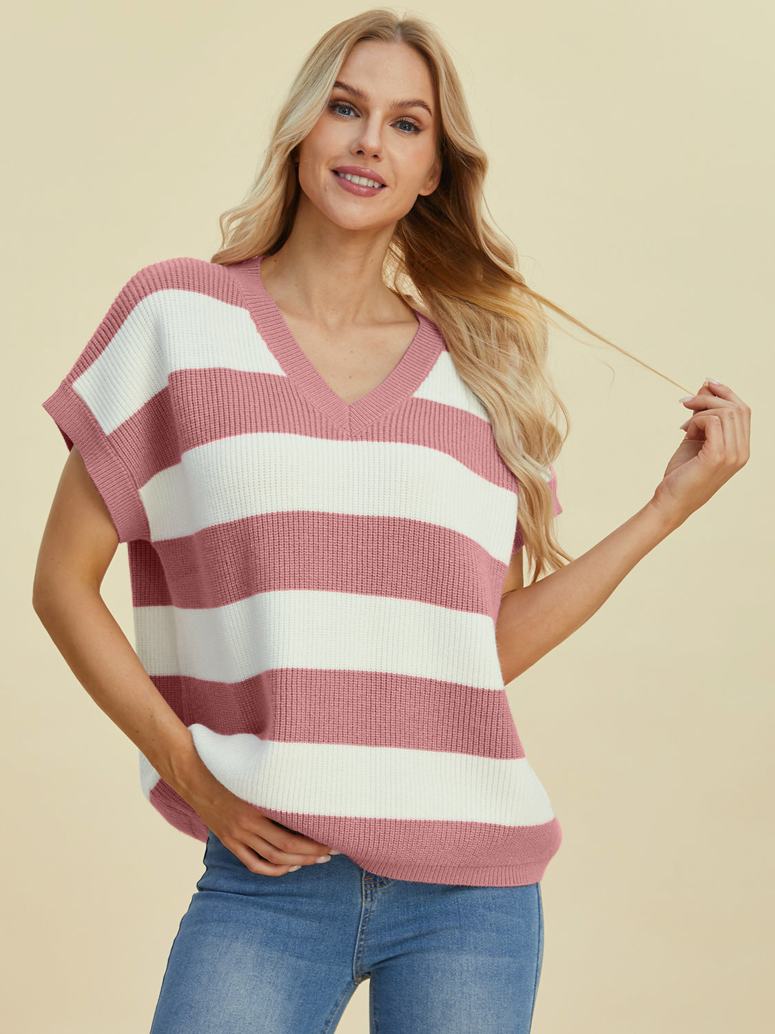 Double Take Full Size Striped V-Neck Short Sleeve Sweater - Charming Charlie