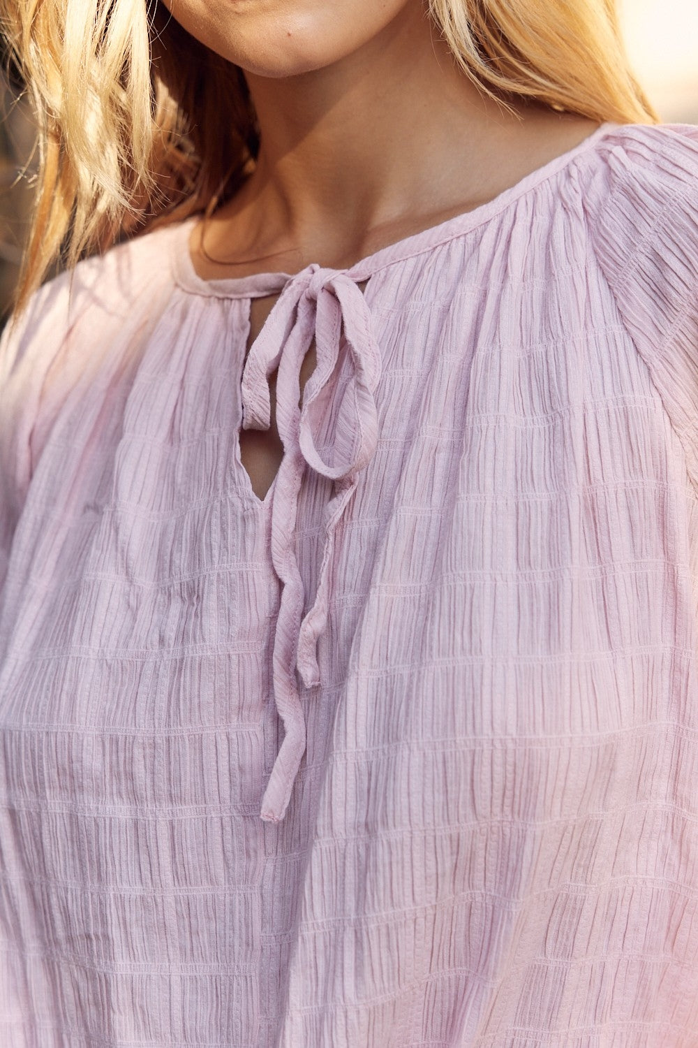 In February Textured Tie Neck Blouse - Charming Charlie