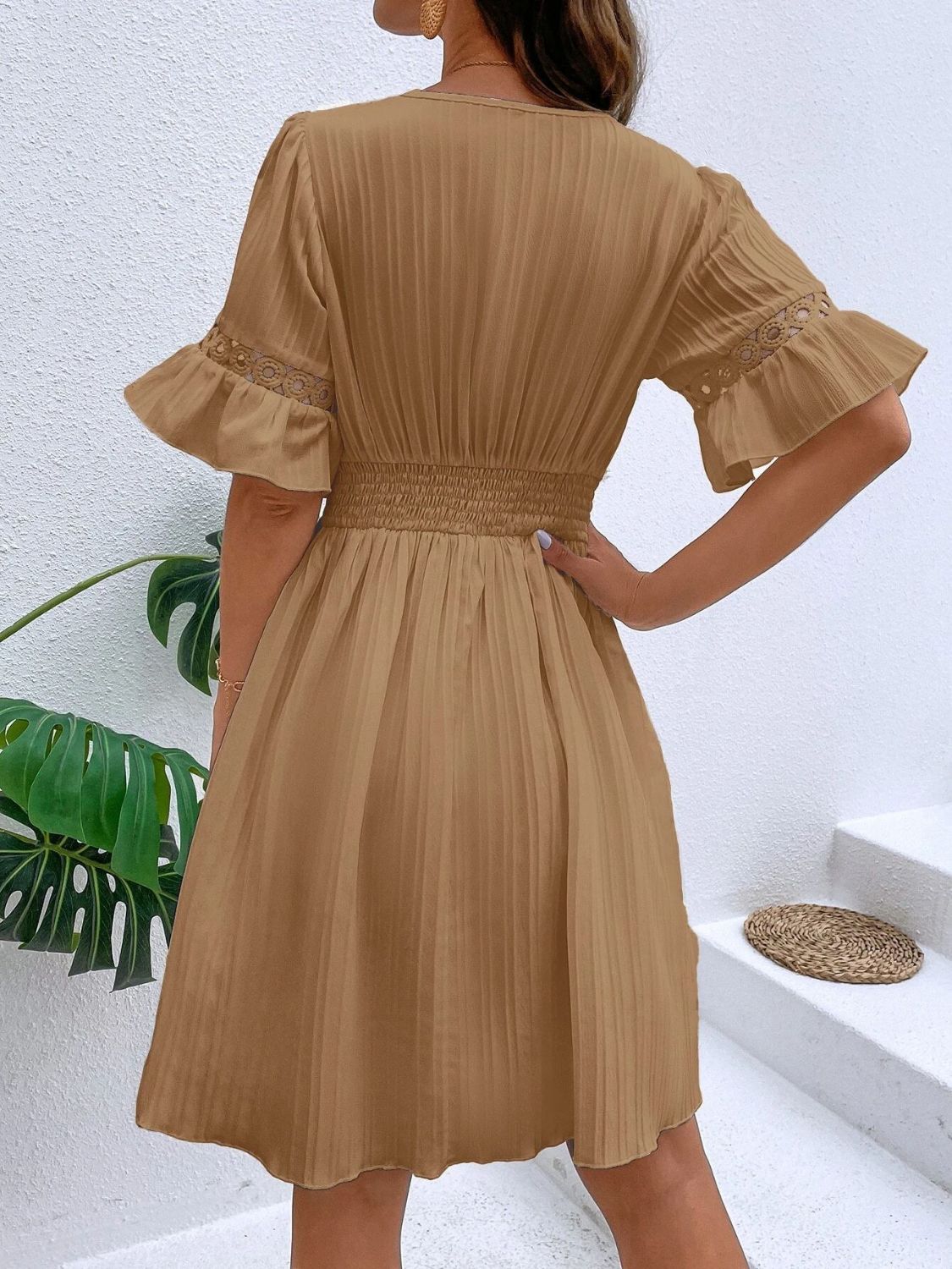 Cutout V-Neck Flounce Sleeve Mini Dress - Charming Charlie
