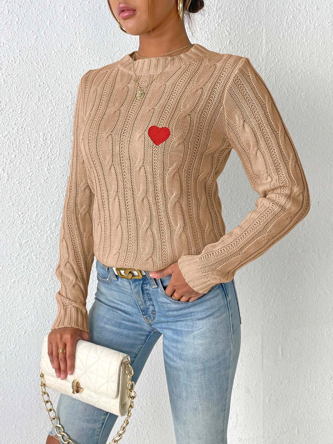 Cable-Knit Heart Round Neck Long Sleeve Sweater - Charming Charlie