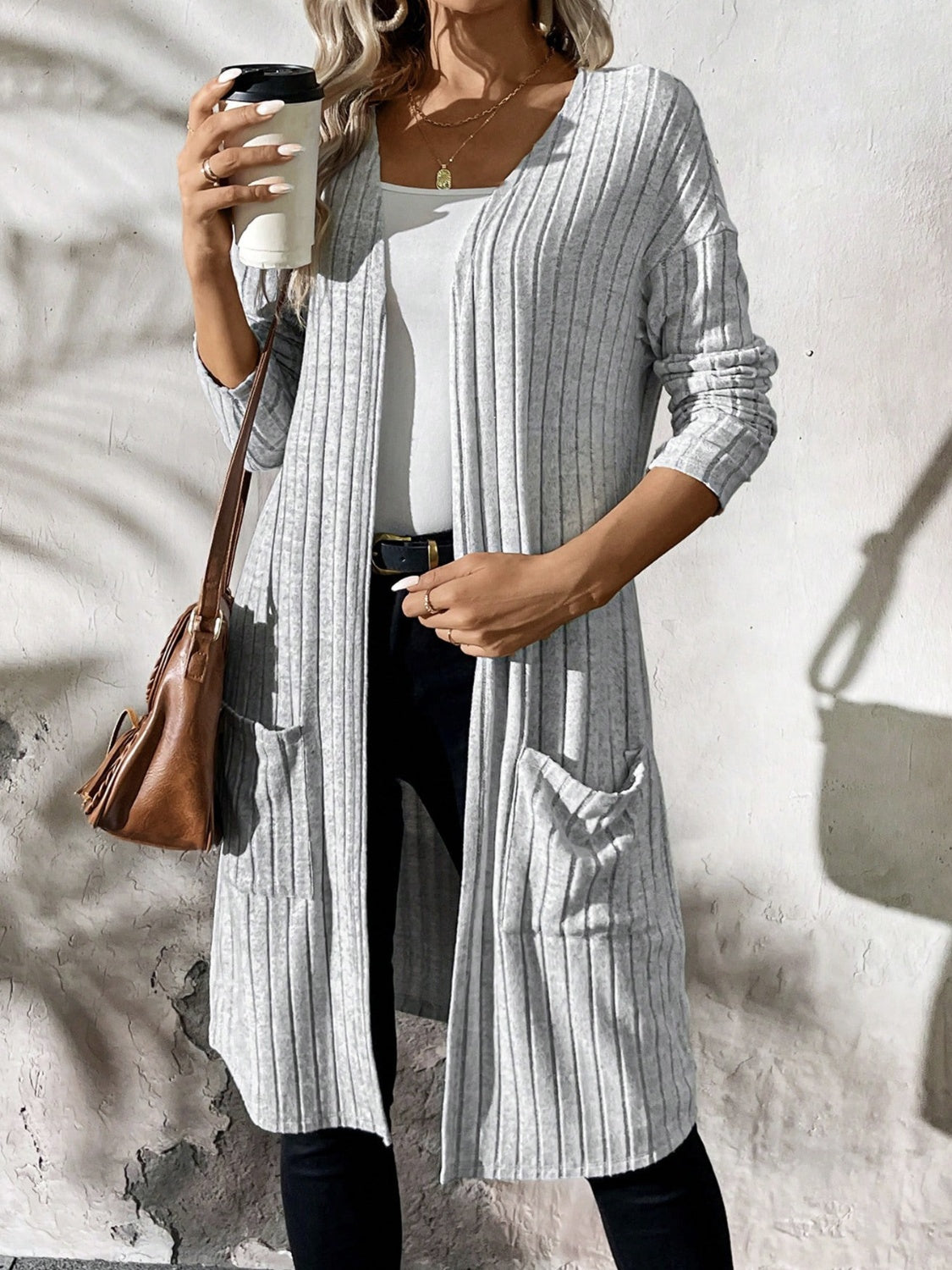 Ribbed Open Front Long Sleeve Cardigan with Pockets - Charming Charlie