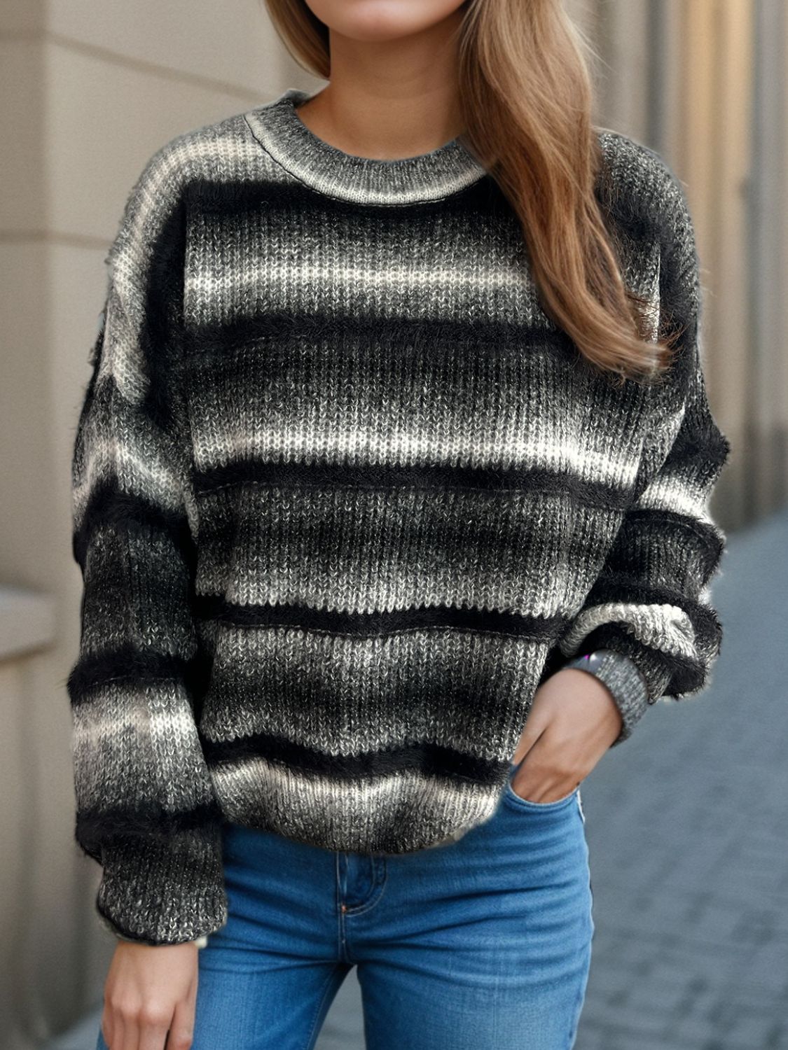 Gradient Round Neck Dropped Shoulder Sweater - Charming Charlie