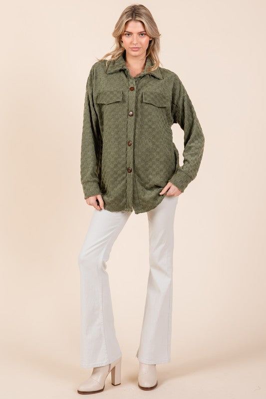 BOMBOM Checkered Button Down Dropped Shoulder Shacket - Charming Charlie