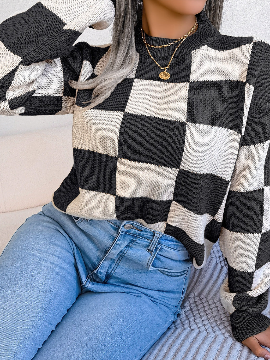 Checkered Mock Neck Long Sleeve Sweater - Charming Charlie