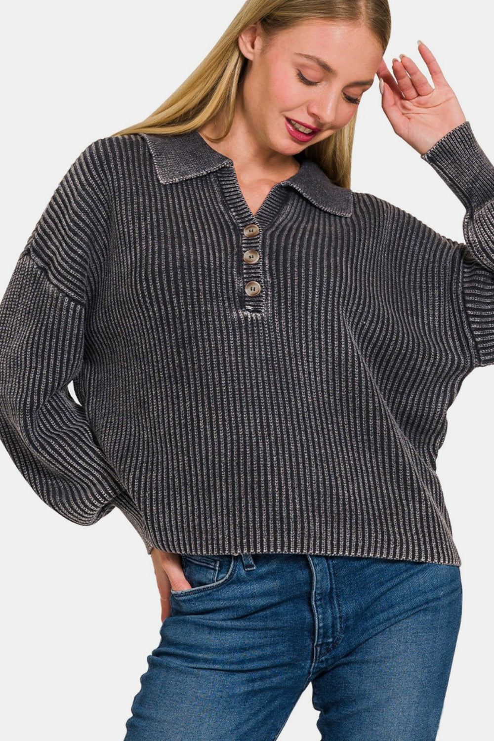 Zenana Washed Half Button Long Sleeve Sweater - Charming Charlie