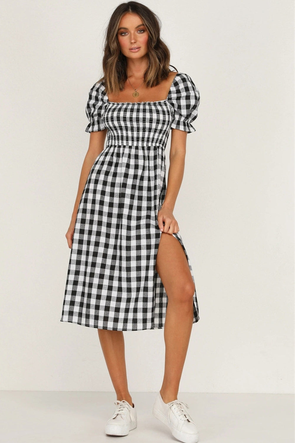 Full Size Slit Plaid Short Sleeve Midi Dress - Charming Charlie