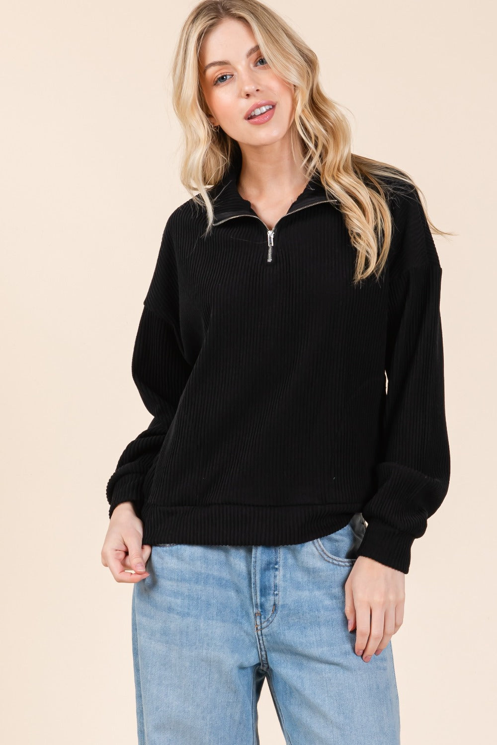 BOMBOM Quarter Zip Long Sleeve Sweatshirt with Pockets - Charming Charlie