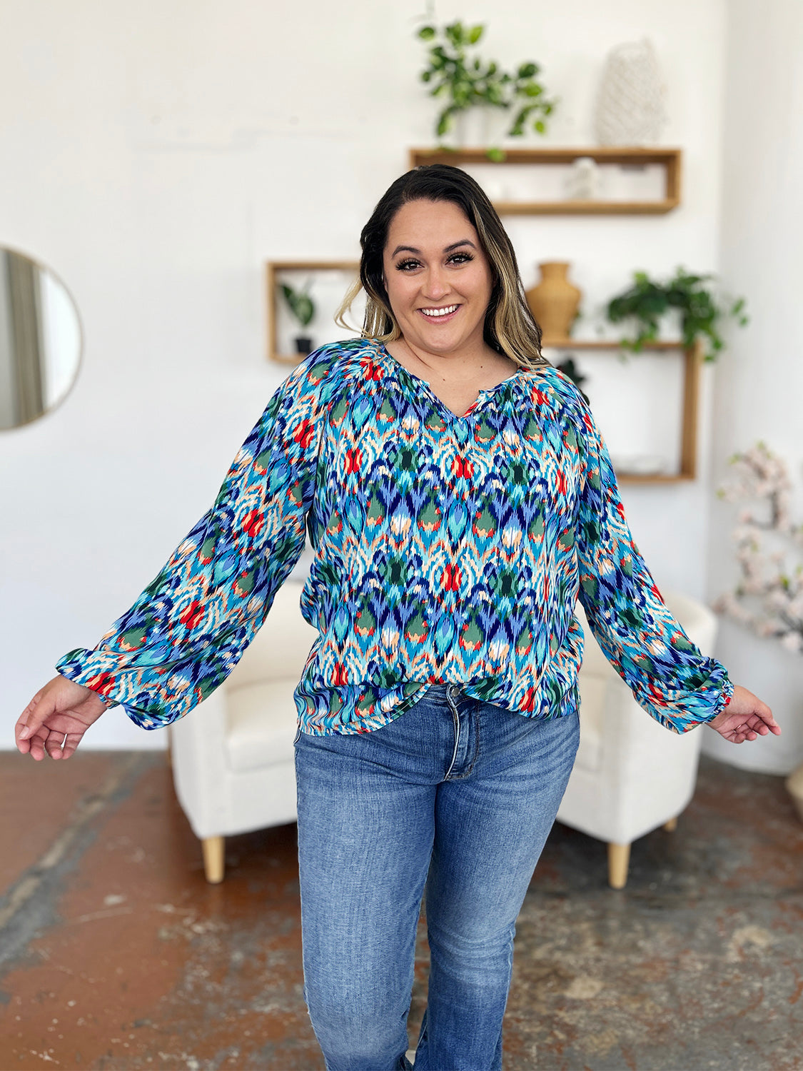 Double Take Full Size Printed Balloon Sleeve Blouse - Charming Charlie