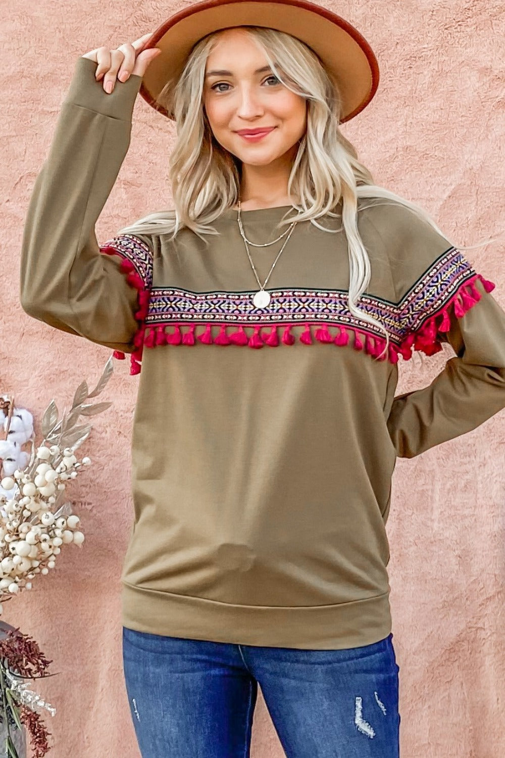 And The Why Ethnic Ribbon Tassel Trim Top - Charming Charlie