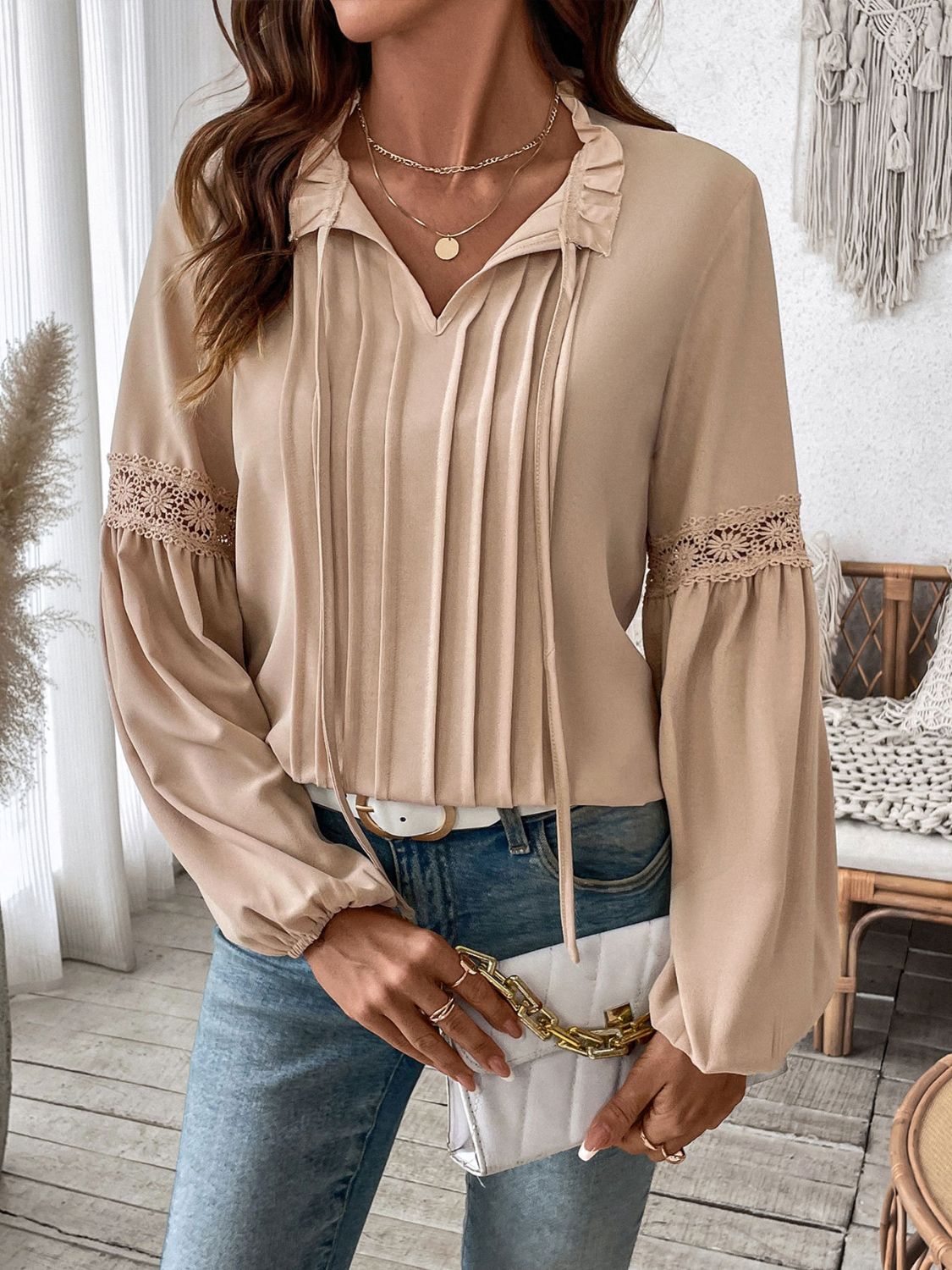 Perfee Frill Tie Neck Long Sleeve Blouse - Charming Charlie