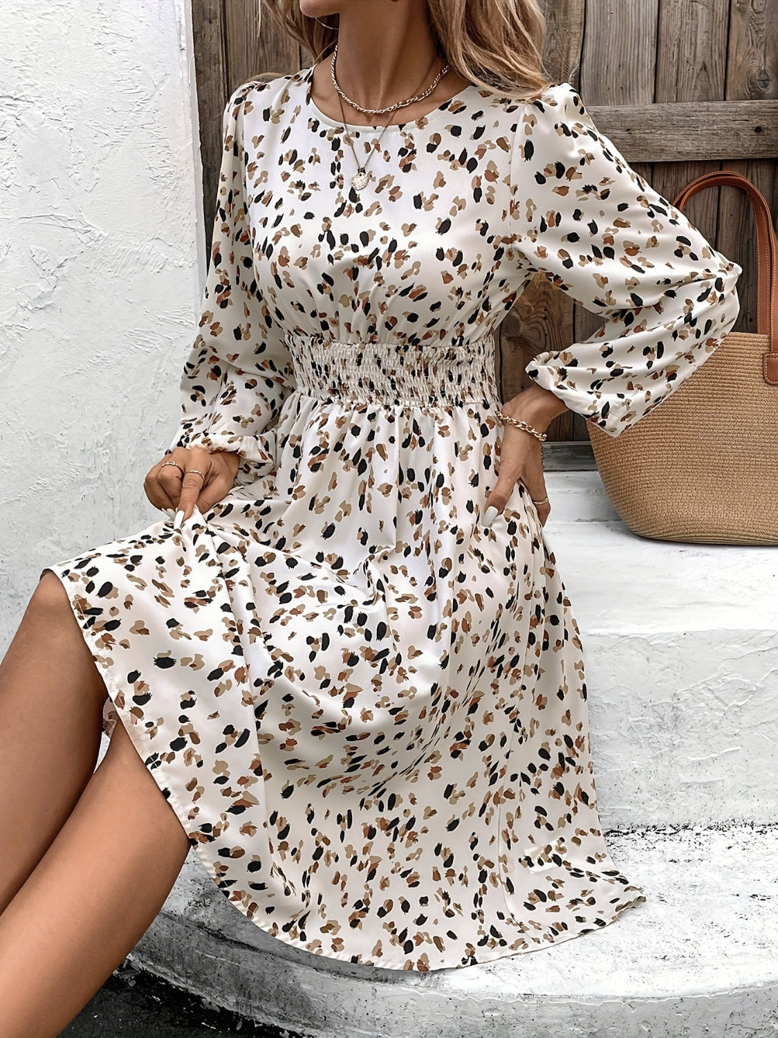 Printed Round Neck Long Sleeve Dress - Charming Charlie