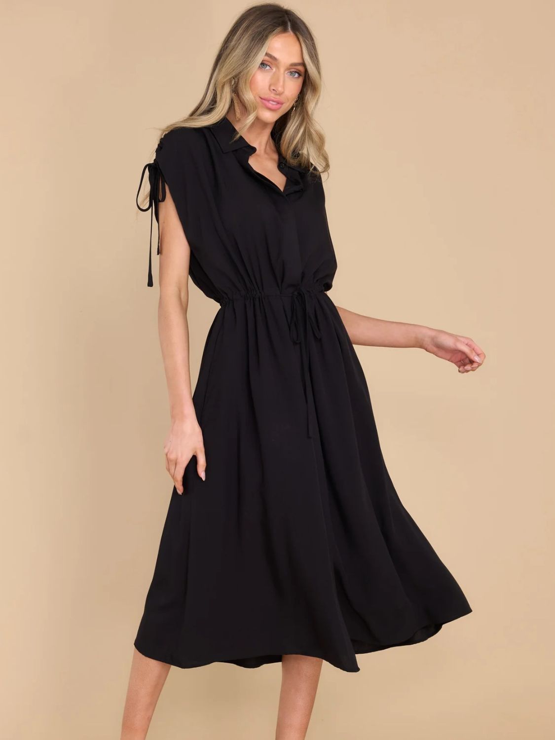 Drawstring Collared Neck Short Sleeve Midi Dress - Charming Charlie