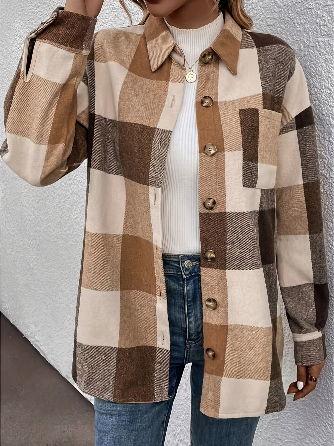 Curved Hem Plaid Collared Neck Shacket - Charming Charlie