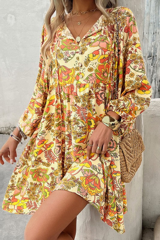 Women Floral Print V Neck Puff Sleeve Mini Dress - Charming Charlie