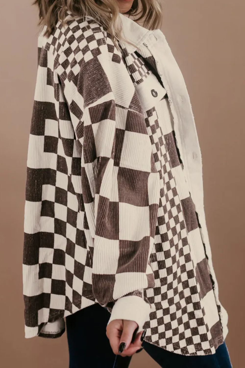 Plus Size Checkered Button Up Long Sleeve Jacket - Charming Charlie