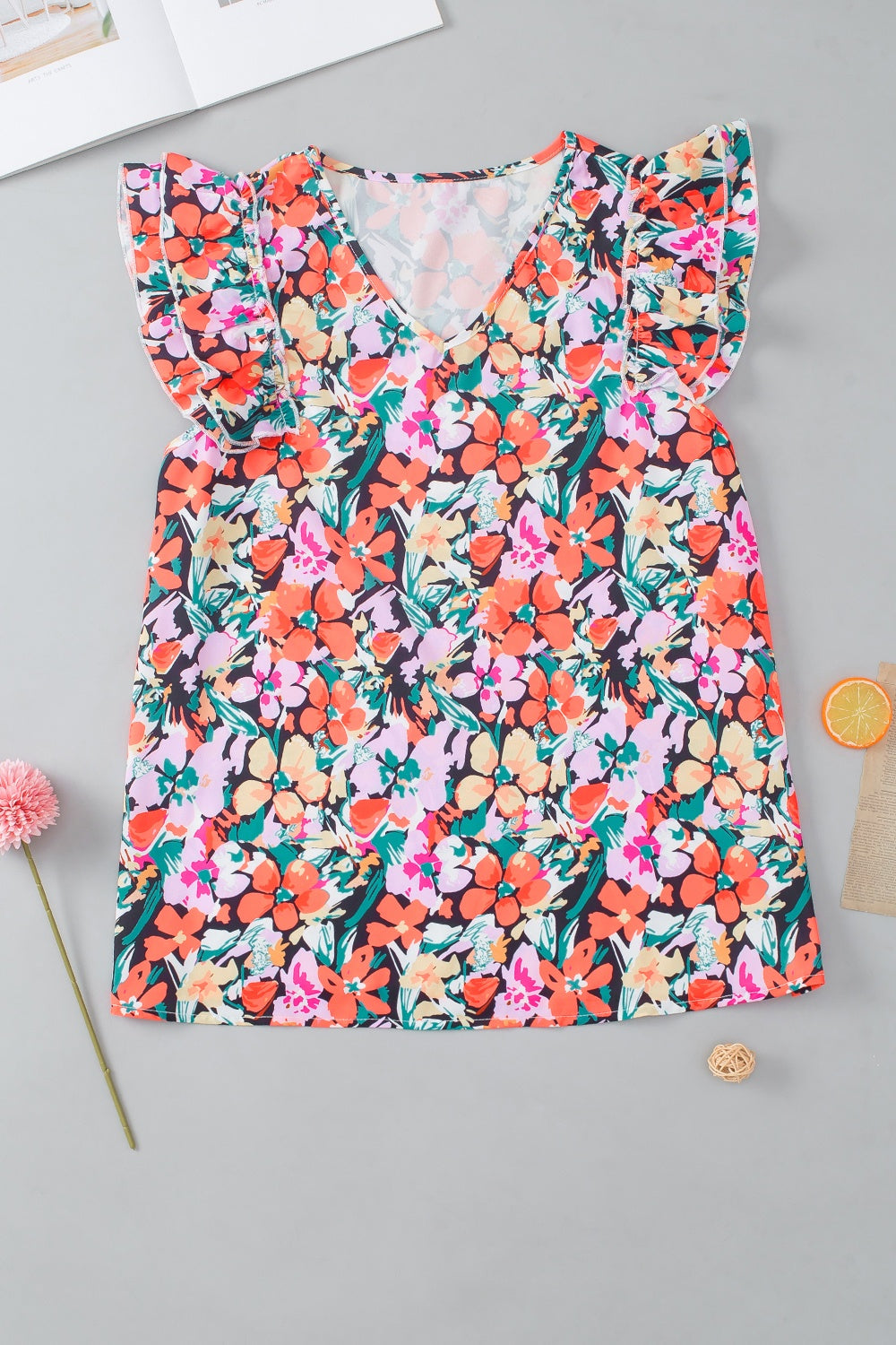 Ruffled Printed V-Neck Cap Sleeve Blouse - Charming Charlie