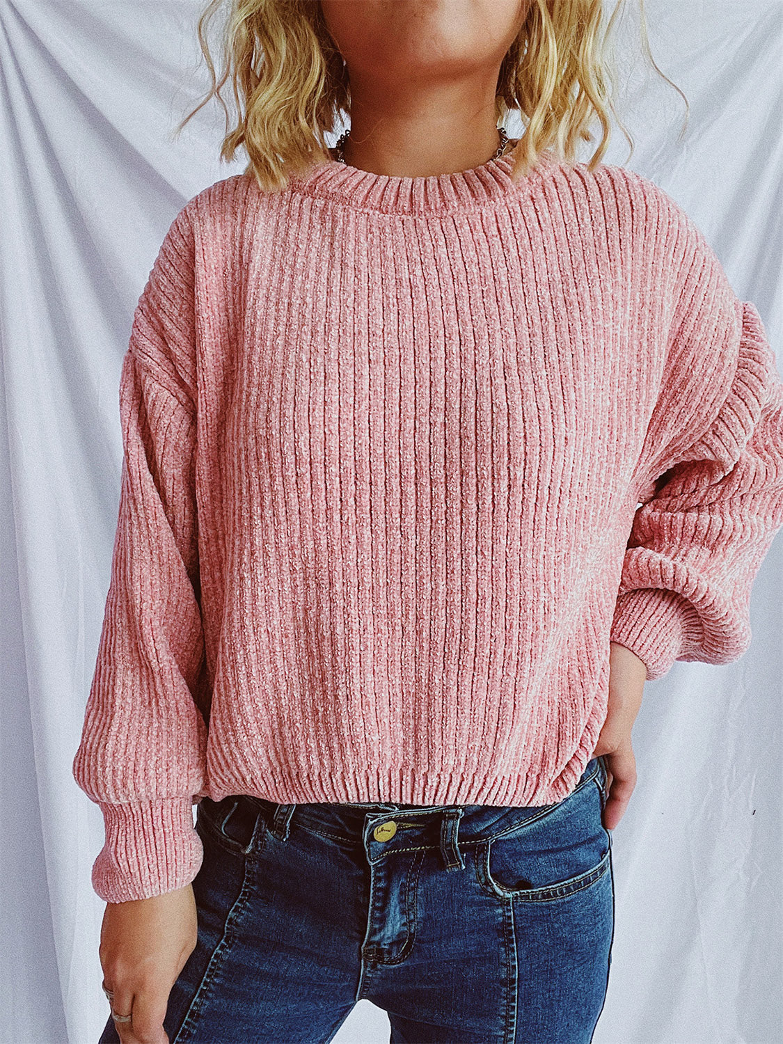 Round Neck Dropped Shoulder Long Sleeve Sweater - Charming Charlie