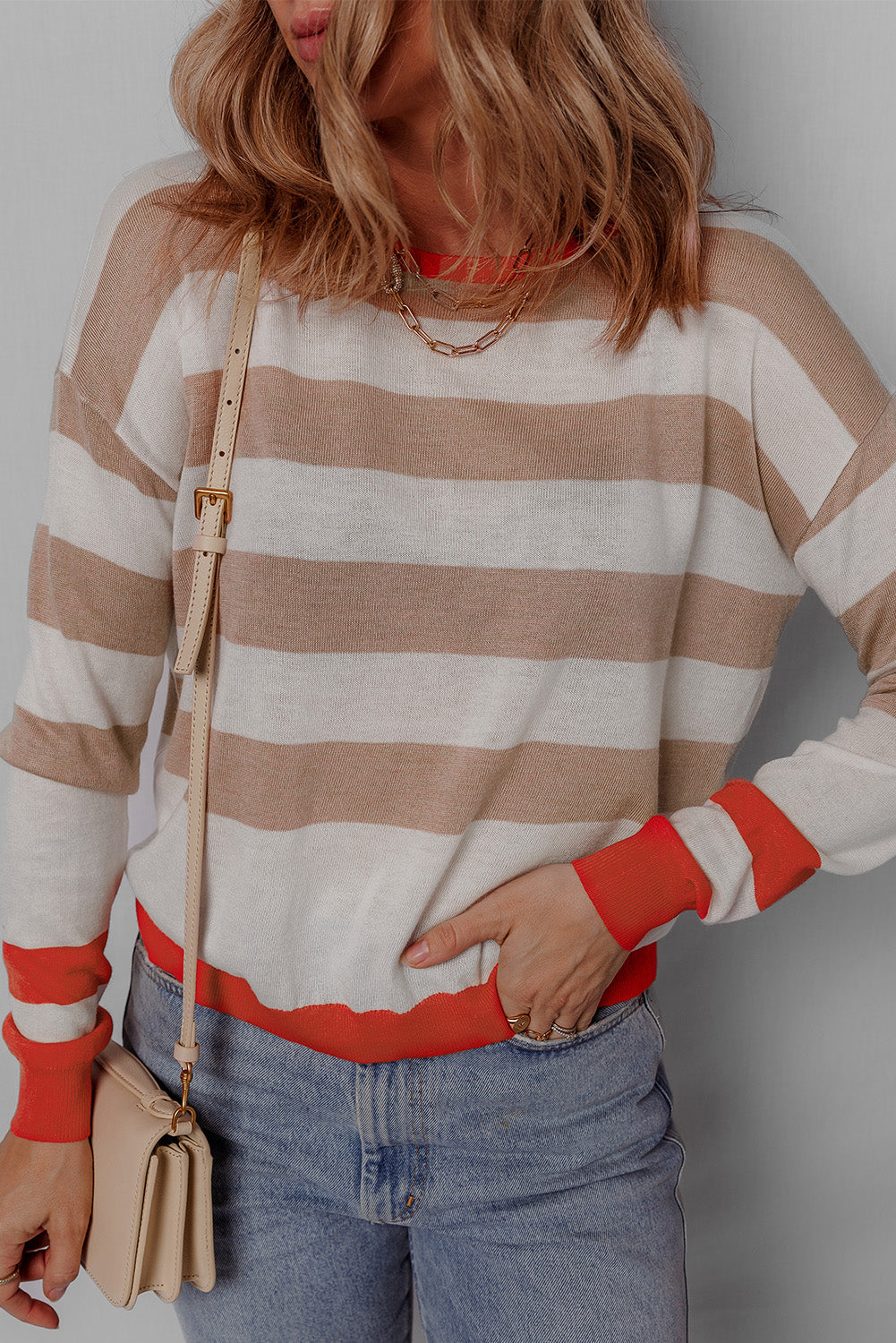 Contrast Striped Round Neck Drop Shoulder Knit Top - Charming Charlie
