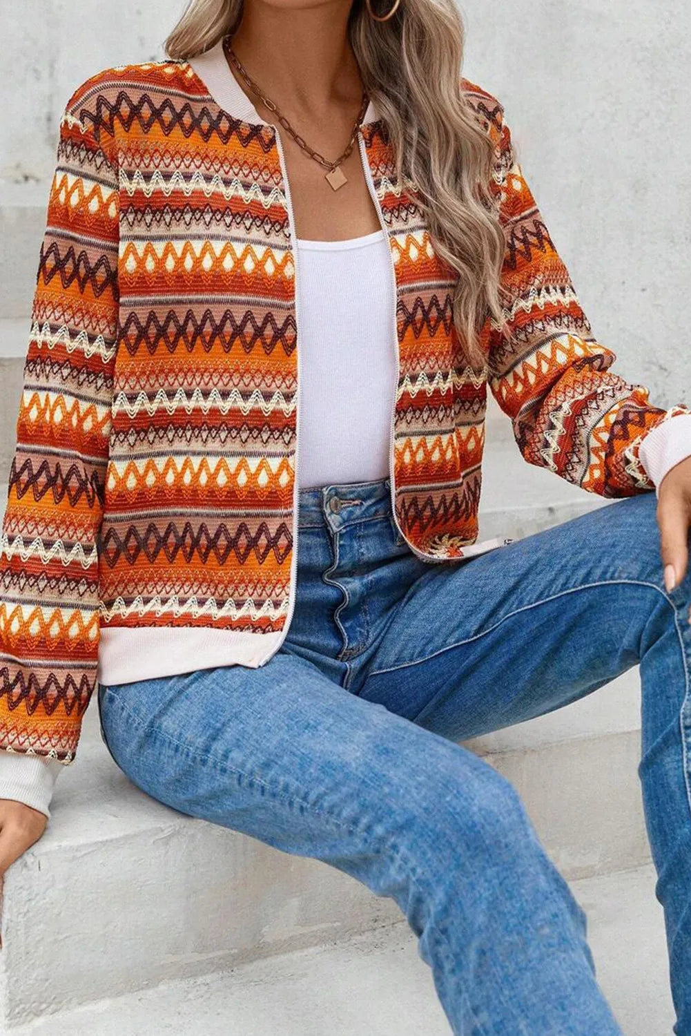 Contrast Baseball Collar Zip Up Jacket - Charming Charlie