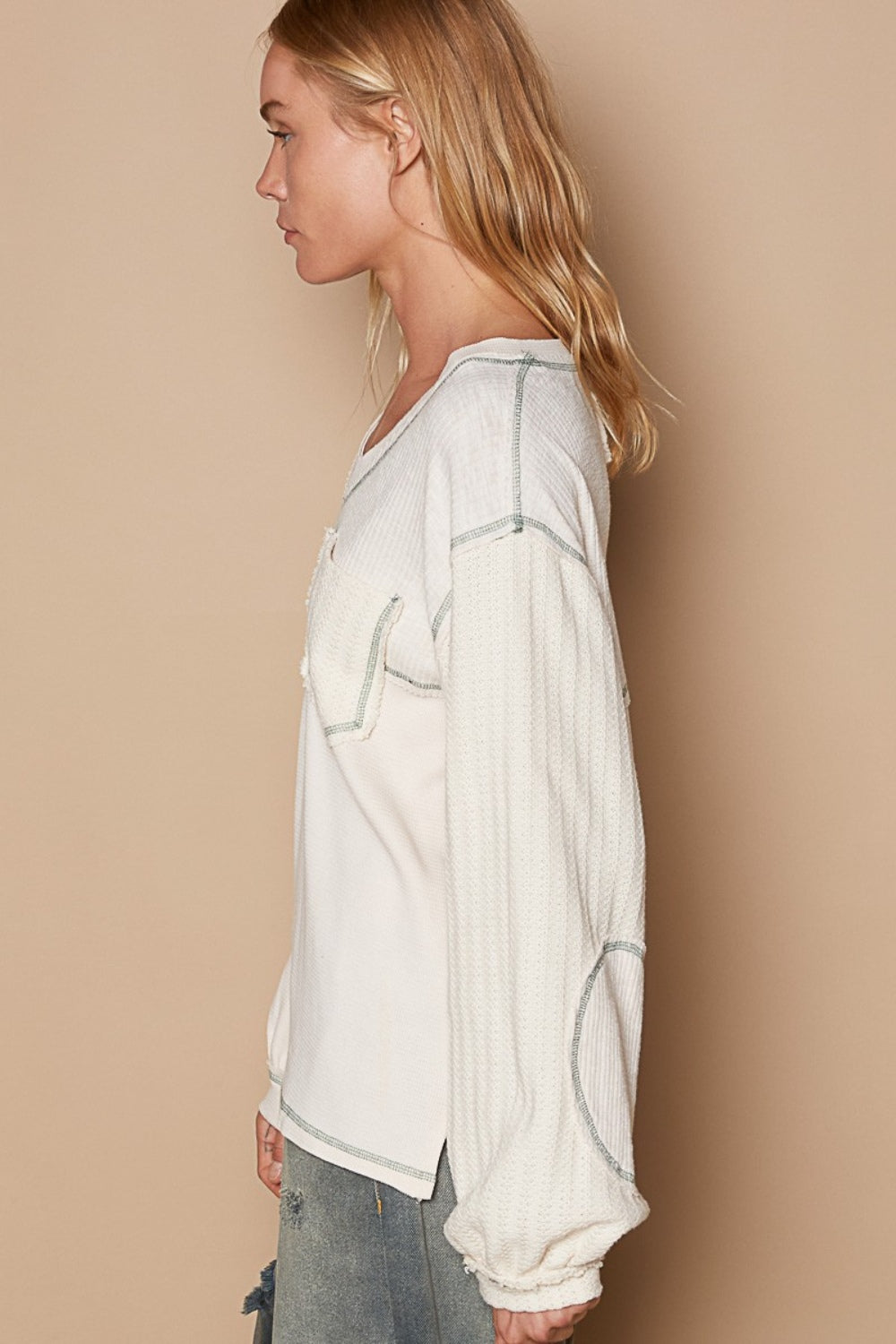 POL V-Neck knit Panel Exposed Seam Top - Charming Charlie