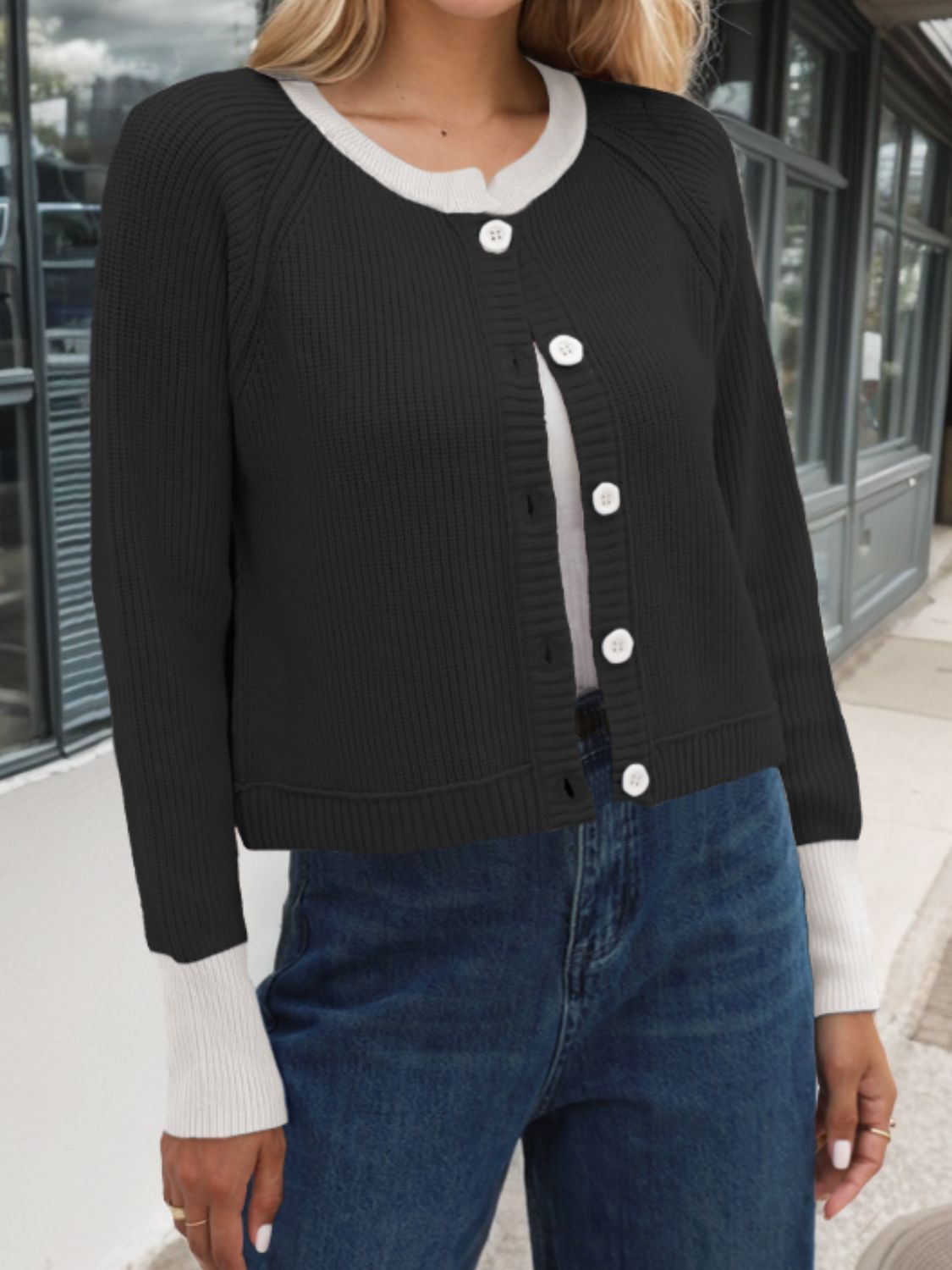 Contrast Button Up Long Sleeve Cardigan - Charming Charlie
