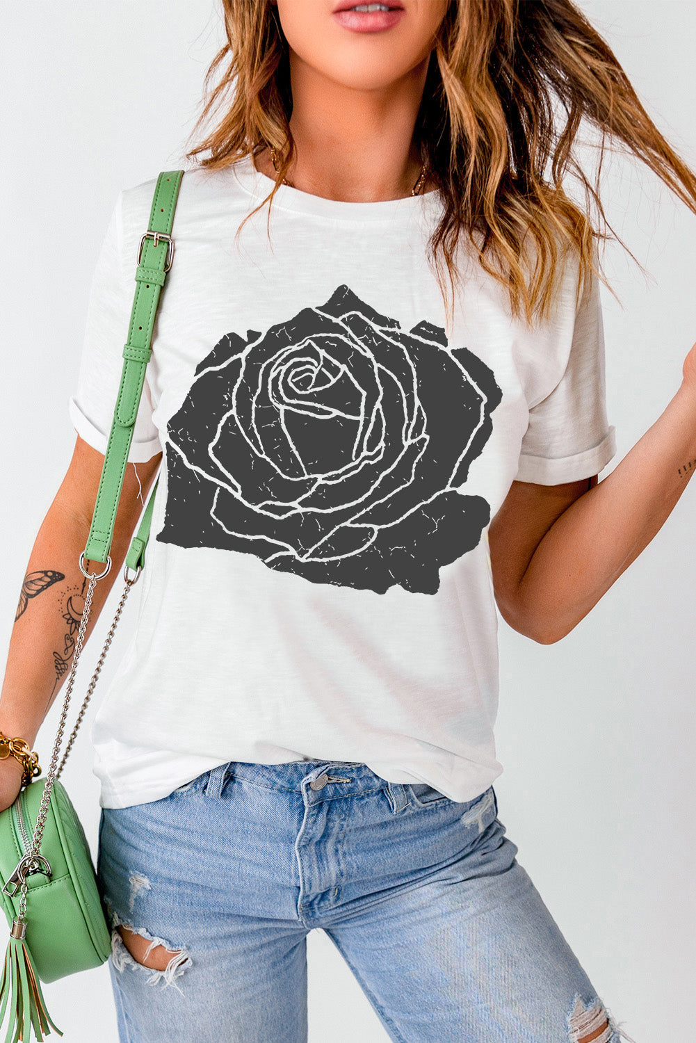 Rose Graphic Round Neck Short Sleeve T-Shirt - Charming Charlie