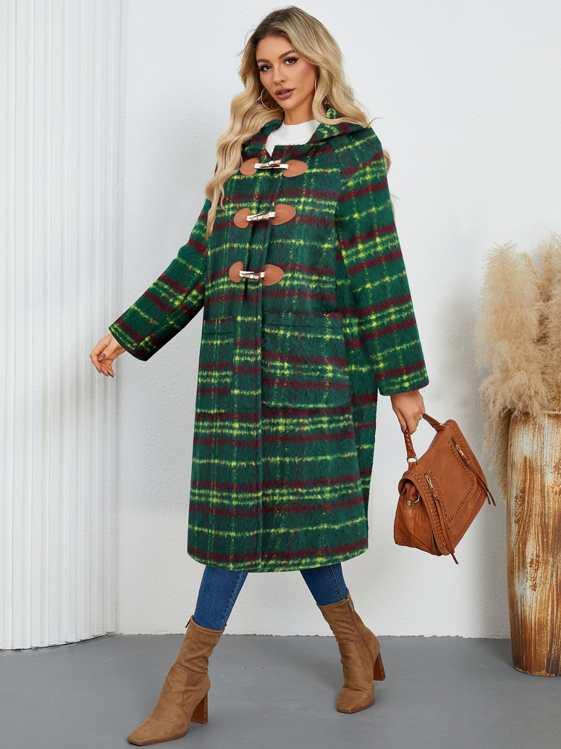 Plaid Long Sleeve Hooded Coat with Pockets - Charming Charlie