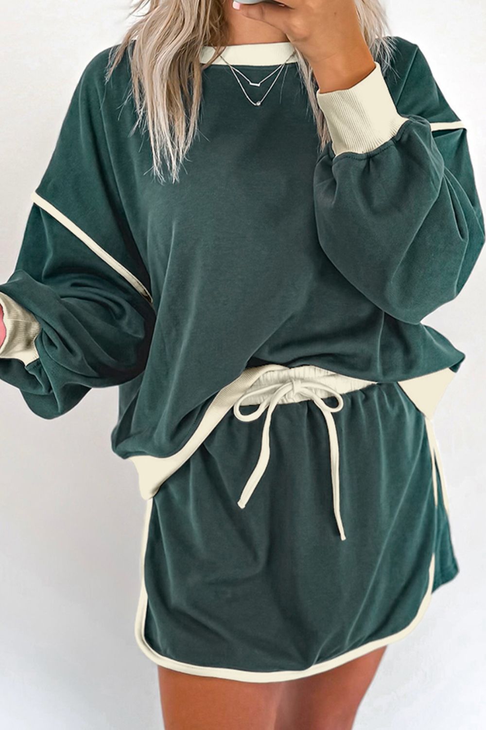 Contrast Trim Round Neck Top and Skort Set - Charming Charlie