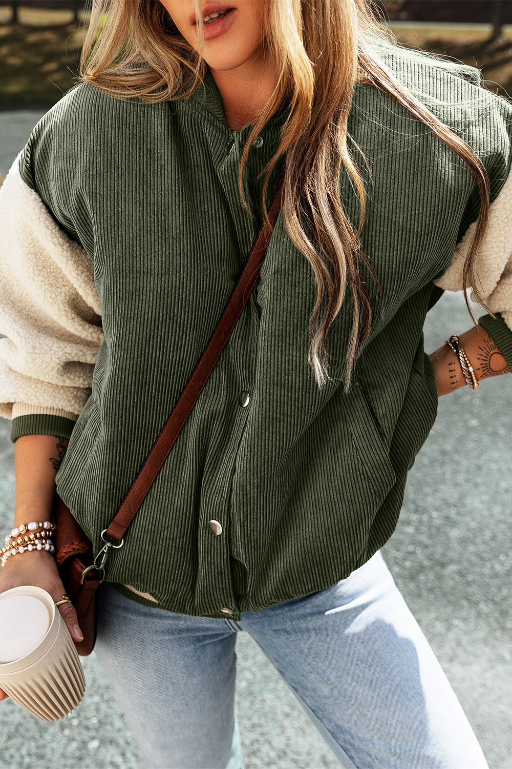 Contrast Baseball Collar Snap Down Long Sleeve Jacket - Charming Charlie