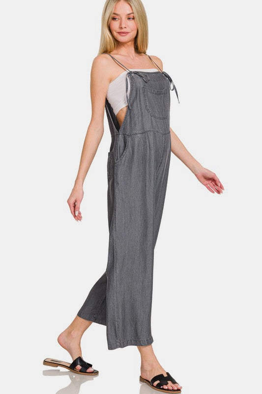 Zenana Washed Adjustable Strap Wide Leg Denim Overalls - Charming Charlie