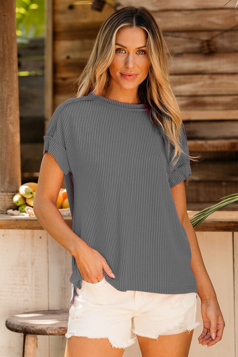 Exposed Seam Round Neck Short Sleeve T-Shirt - Charming Charlie