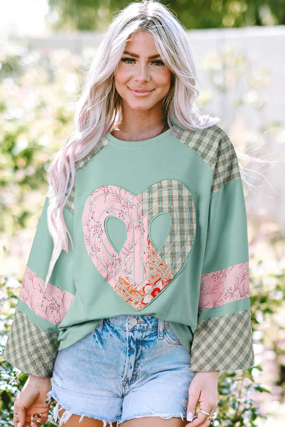 Heart Plaid Round Neck Long Sleeve Blouse - Charming Charlie