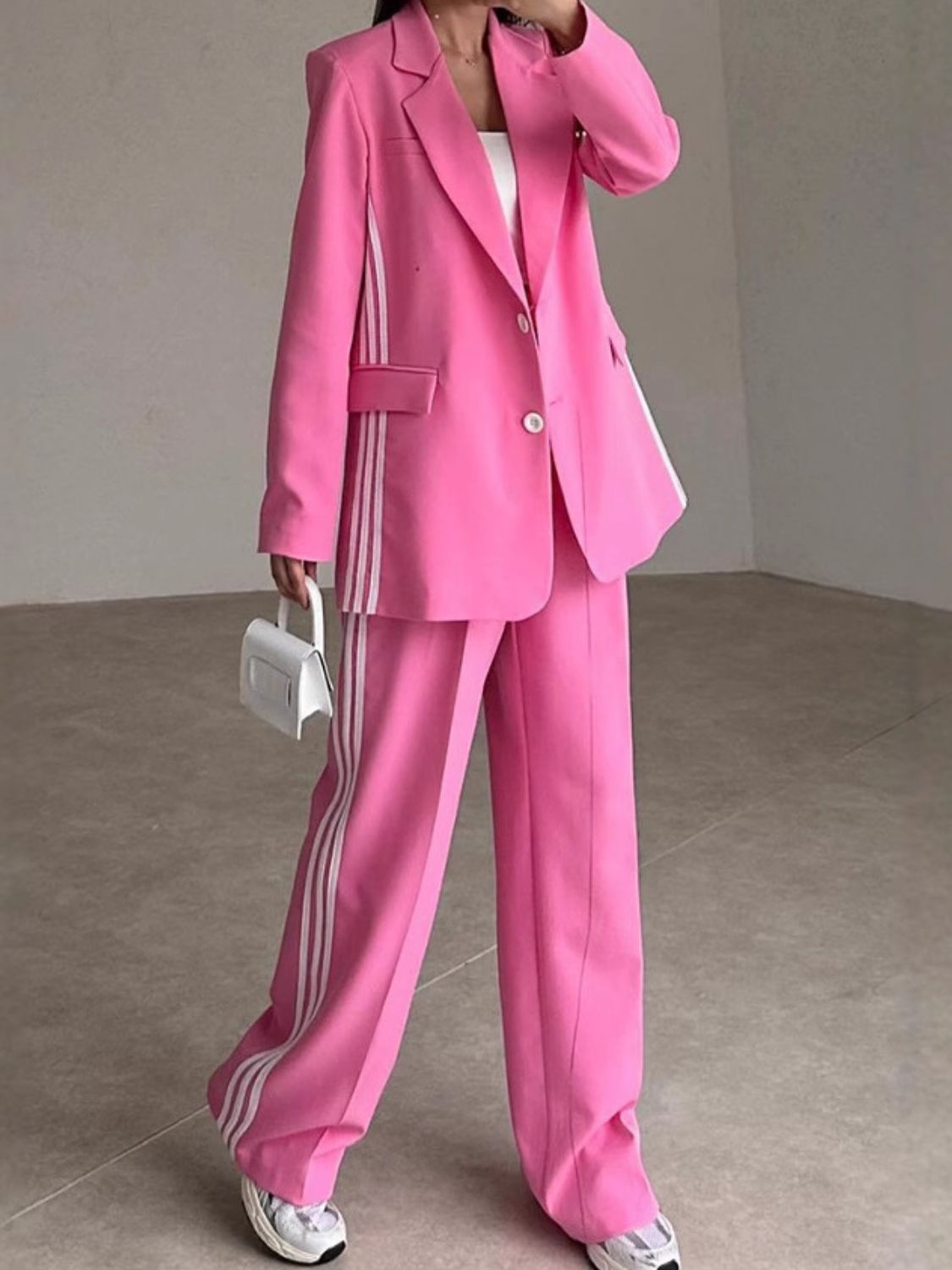 Side Striped Long Sleeve Blazer and Pants Set - Charming Charlie