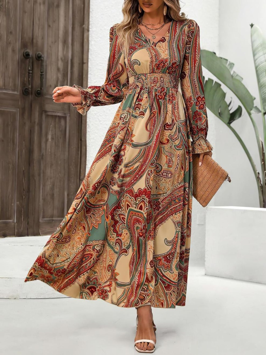 Smocked Printed V-Neck Flounce Sleeve Dress - Charming Charlie